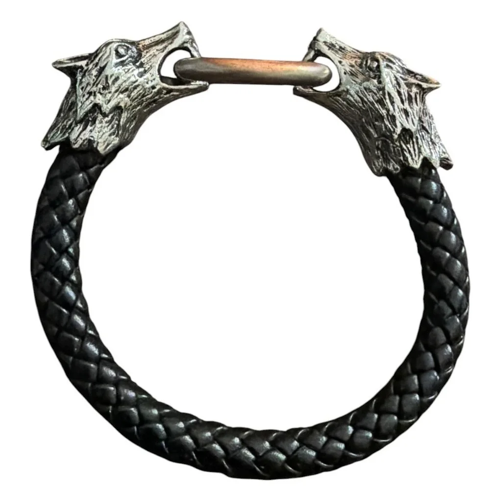 Viking Wolf Head Braided Black Leather Bracelet Silver Tone Norse Jewelry